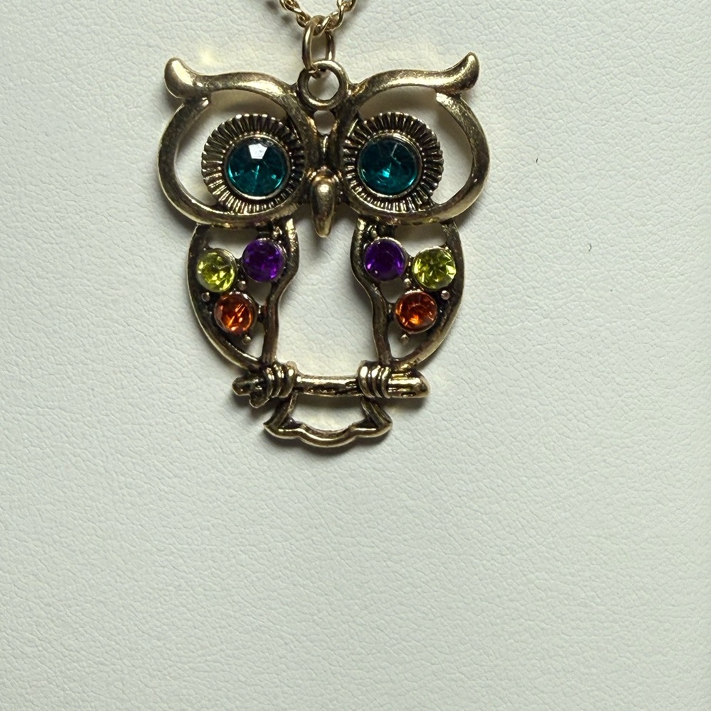 Green and Gold Owl Necklace with Colorful Stones